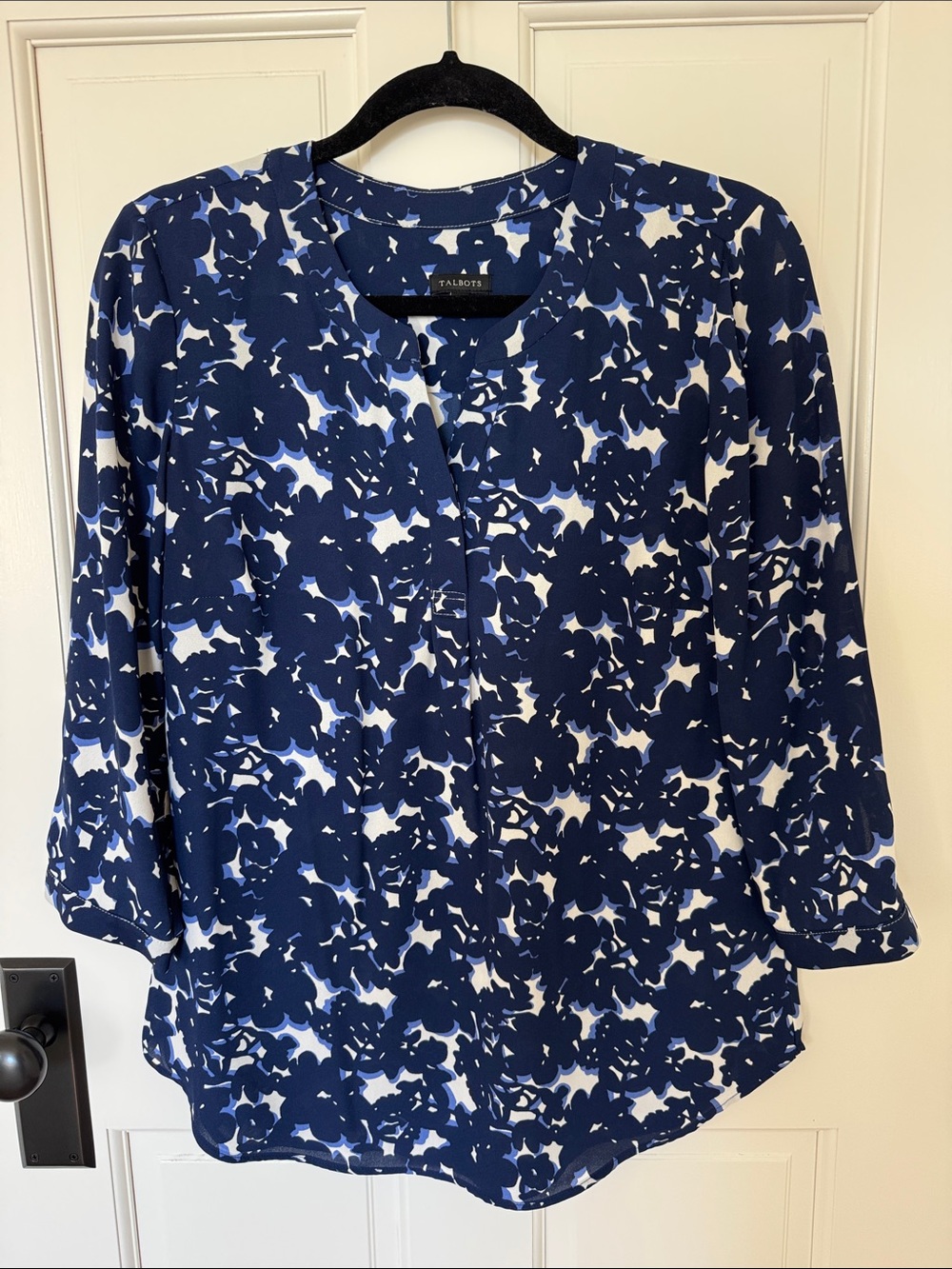 Talbots Navy and White Floral Popover Blouse